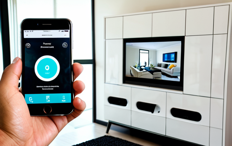 스마트 방범 장치의 종류와 비교 - **Image Prompt:** "A modern home security system interface displayed on a smartphone screen. The app...