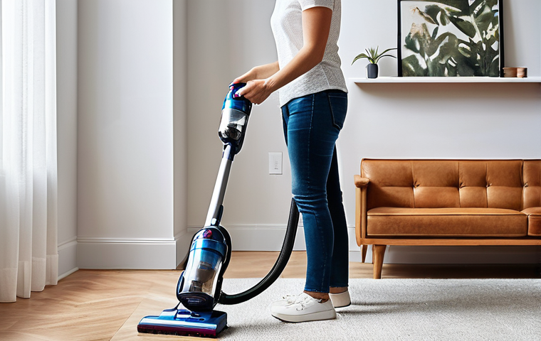 효율적인 벽 정리 도구 추천 - **Prompt 1: Effortless Wall Dusting with a Vertical Vacuum**
    An adult, casually dressed in clean...