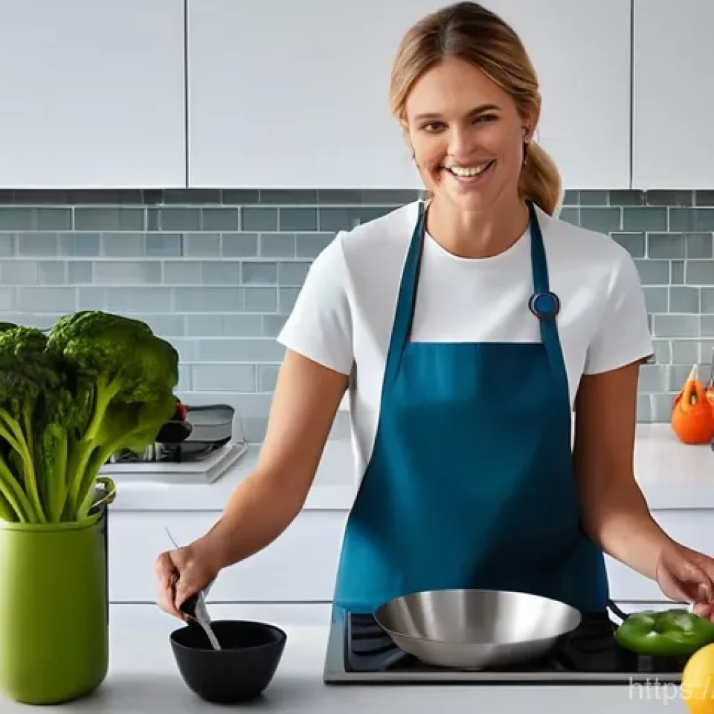최고의 실리콘 요리 도구 - **A modern and inviting kitchen scene.** A smiling woman, casually dressed in a tasteful top and jea...