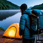 최고의 충전식 캠핑 랜턴 추천 - A detailed outdoor camping scene at dusk featuring a rechargeable flashlight emitting a bright white...