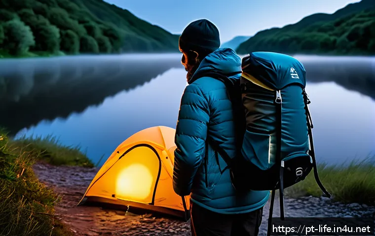 최고의 충전식 캠핑 랜턴 추천 - A detailed outdoor camping scene at dusk featuring a rechargeable flashlight emitting a bright white...