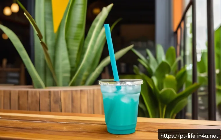 친환경 빨대와 일회용 빨대 비교 - A vibrant outdoor caf&eacute; scene in Brazil featuring diverse reusable straws: stainless steel with a sle...