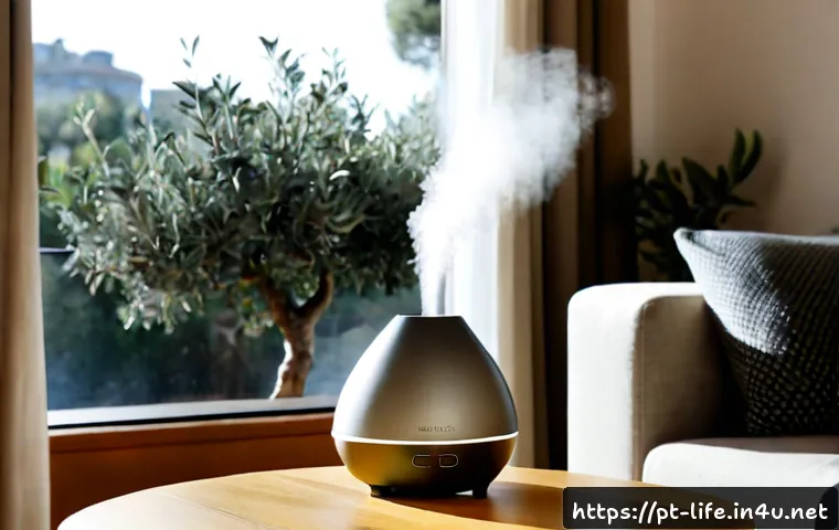 초음파 아로마 디퓨저의 장단점 - Photorealistic bright Lisbon apartment living room, a sleek unbranded ultrasonic aroma diffuser on a...