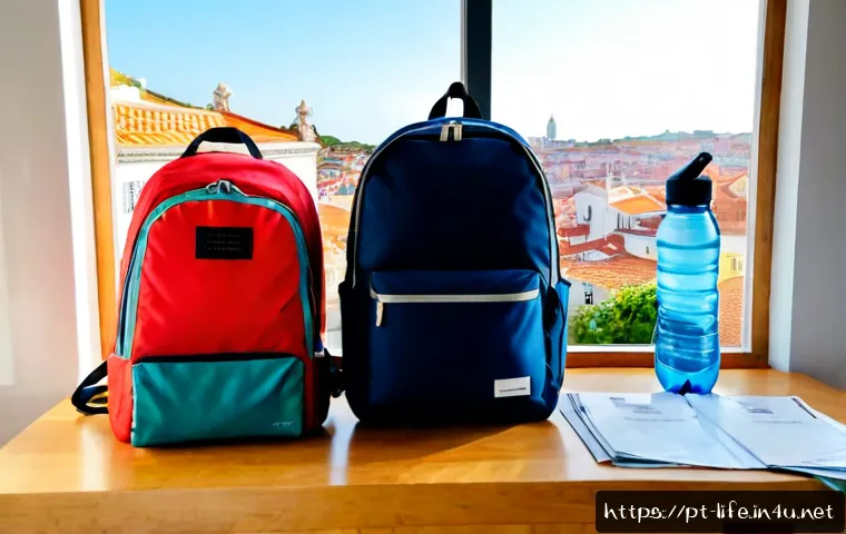 Home 15 최고의 여행용 백팩 추천 - Photorealistic travel backpack comparison on a clean wooden table in a bright Lisbon apartment, thre...